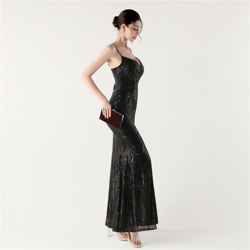 Sequin V-Neck Spaghetti Strap Fishtail Evening Dress - Image 2
