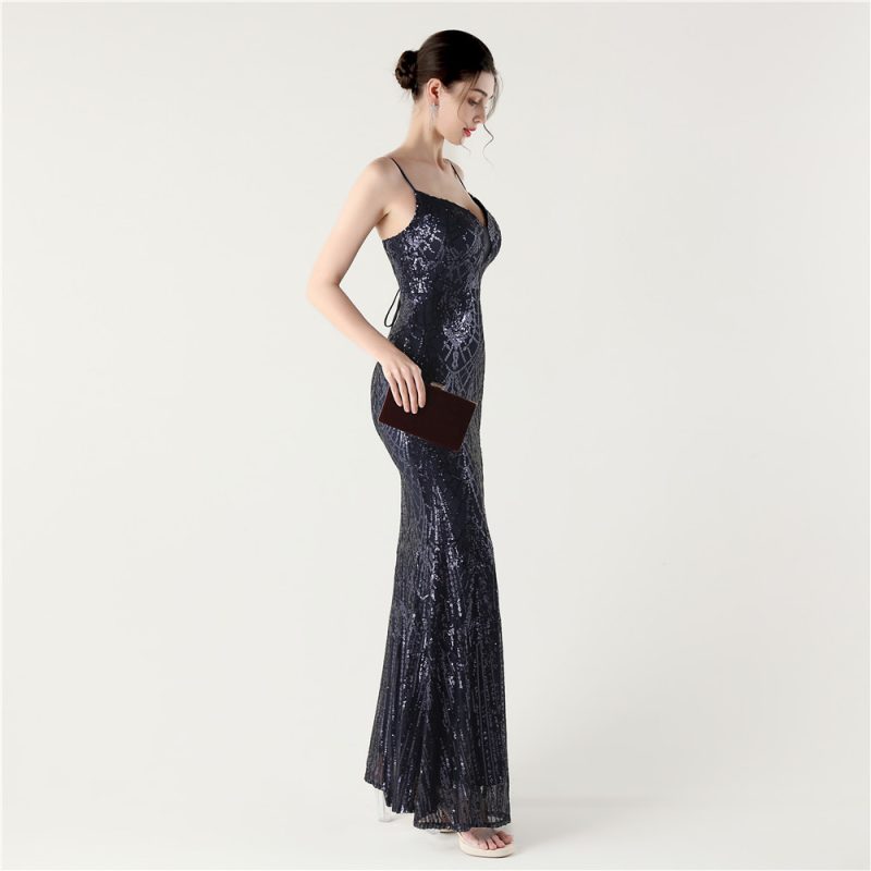 Sequin V-Neck Spaghetti Strap Fishtail Evening Dress - Image 4