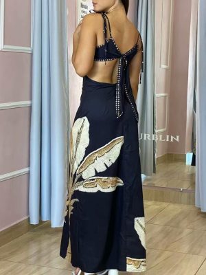Summer Backless Printed Slim Strap Dress for Women