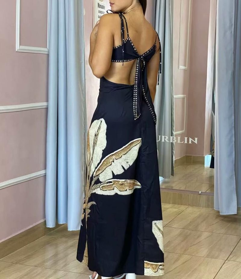 Summer Backless Printed Slim Strap Dress for Women