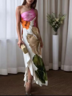 Women’s Printed Sling Split Backless Asymmetric Dress