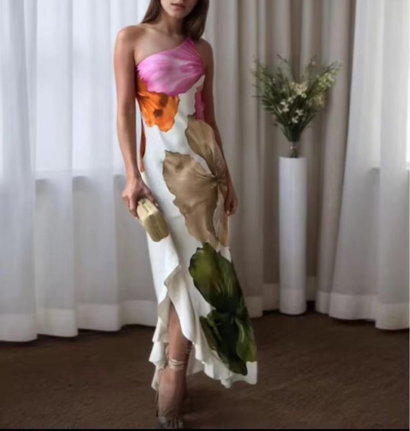 Women’s Printed Sling Split Backless Asymmetric Dress