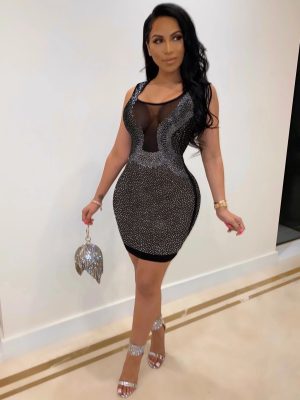 Slim Fit Rhinestone Sheer Nightclub Party Dress