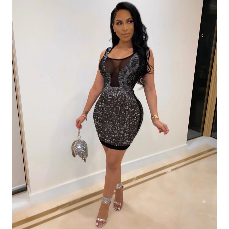 Slim Fit Rhinestone Sheer Nightclub Party Dress