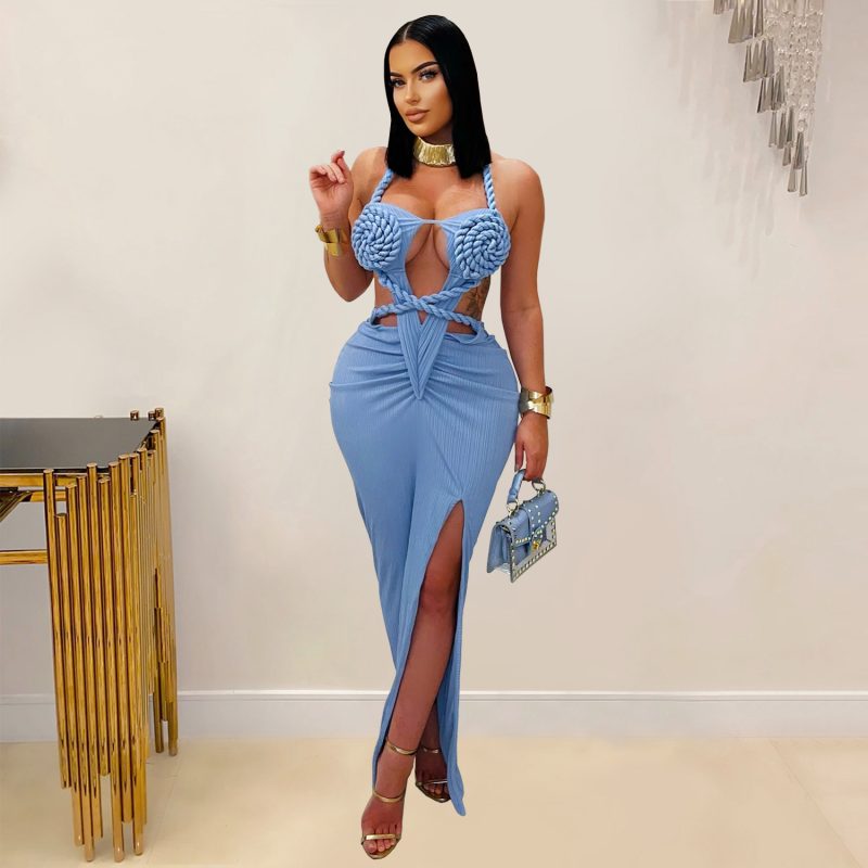 Women’s Knitted Halter Backless Solid Color Dress