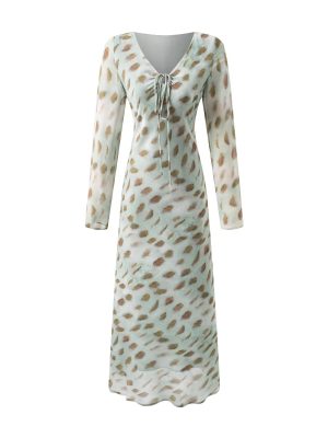 V-Neck Bow Lace Long-Sleeve Slim Maxi Dress