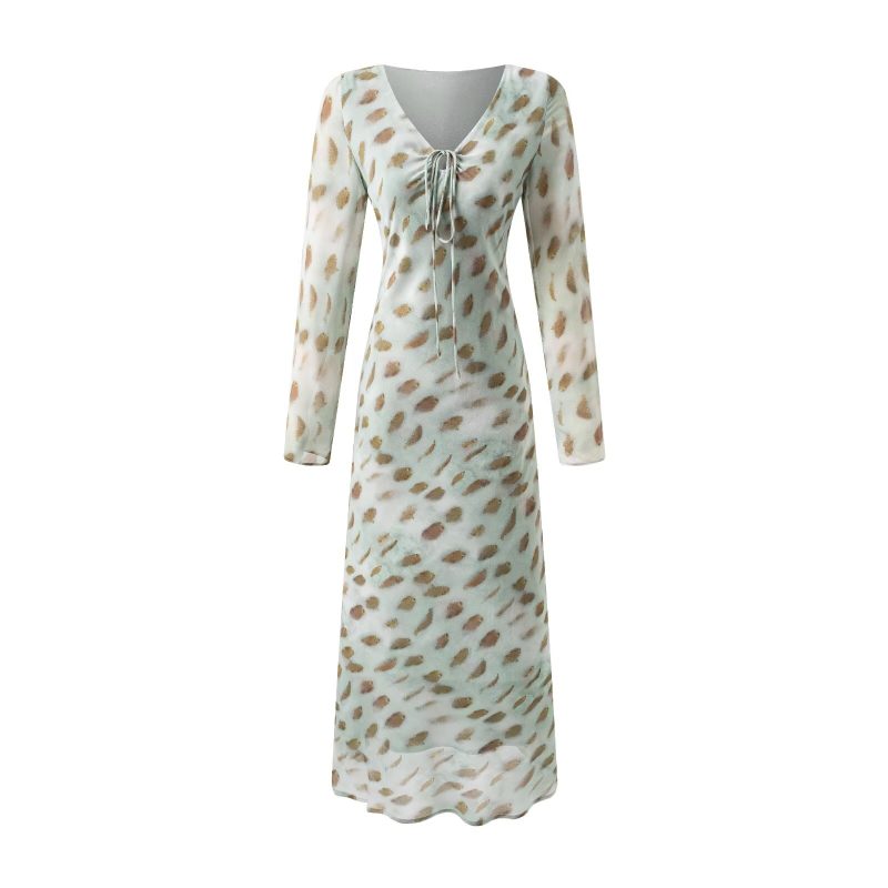 V-Neck Bow Lace Long-Sleeve Slim Maxi Dress