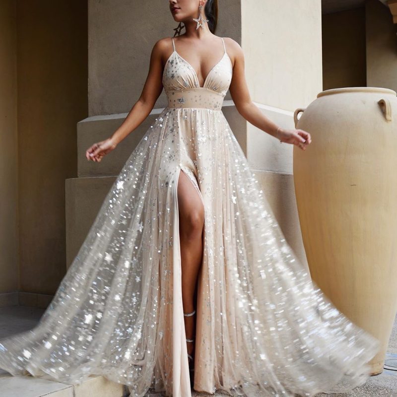 Shiny Crystal Slit Swing Evening Maxi Dress - Image 2