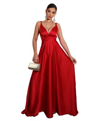 V-Neck Solid Color Backless Lace-Up Dress