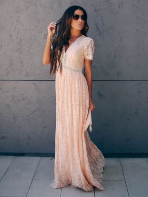 Summer Women’s V-Neck Lace Cutout Maxi Dress