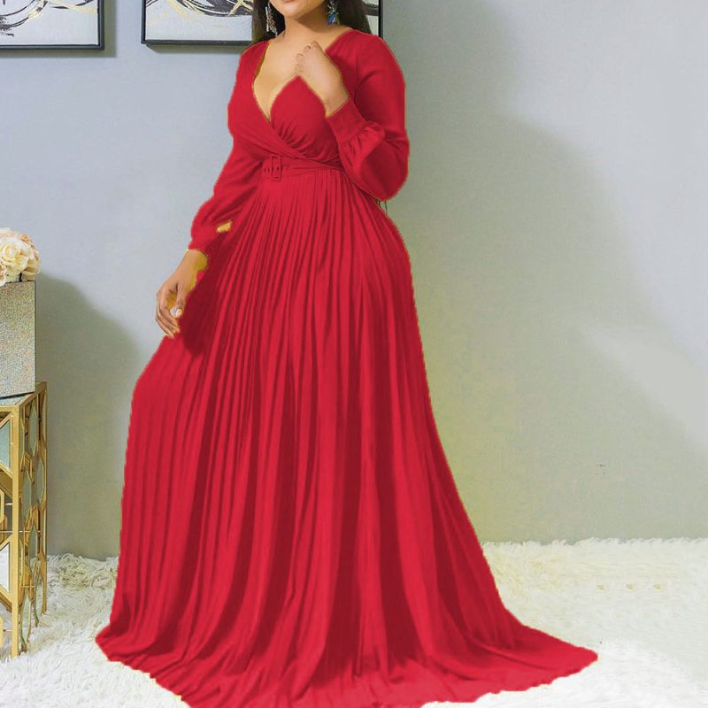 Women’s Deep V Cross Front Pleated Dress