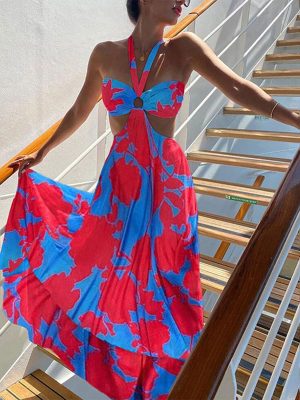 Summer Bohemian Two-Tone Printed V-Neck Sundress