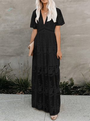 Elegant V Neck High Waist Lace Maxi Dress