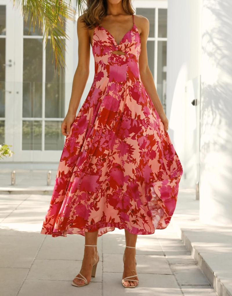 Printed Hollow Out Backless Cami Summer Sundress