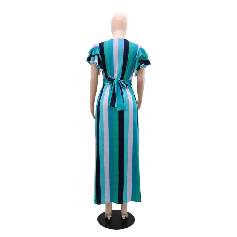 Striped Print Lace Up Ruffle Sleeve Dress - Image 3