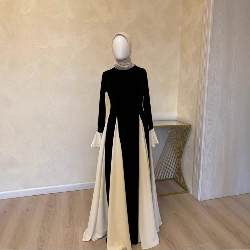 Elegant Black White Contrast Ruffle Winter Dress - Image 4