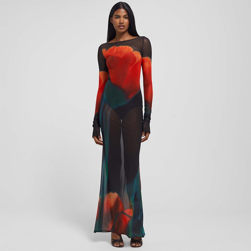 Winter Printed See Through Slim Fit Dress