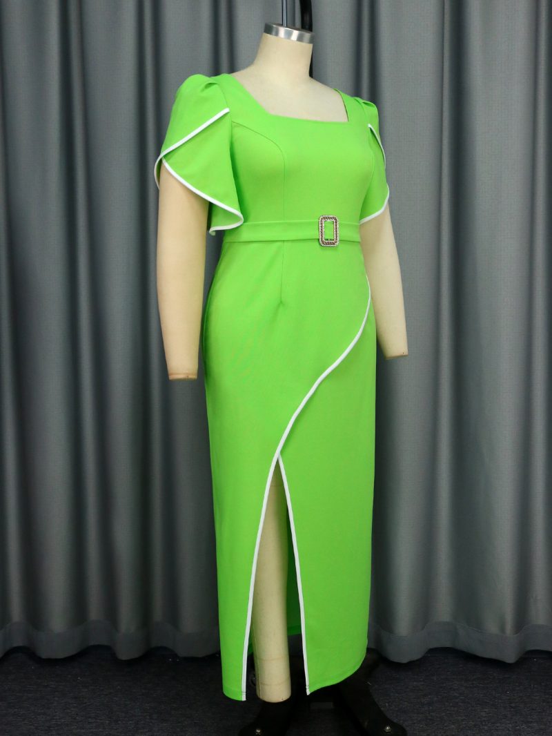 Elegant Mustard Green Square Collar Ruffle Dress - Image 3