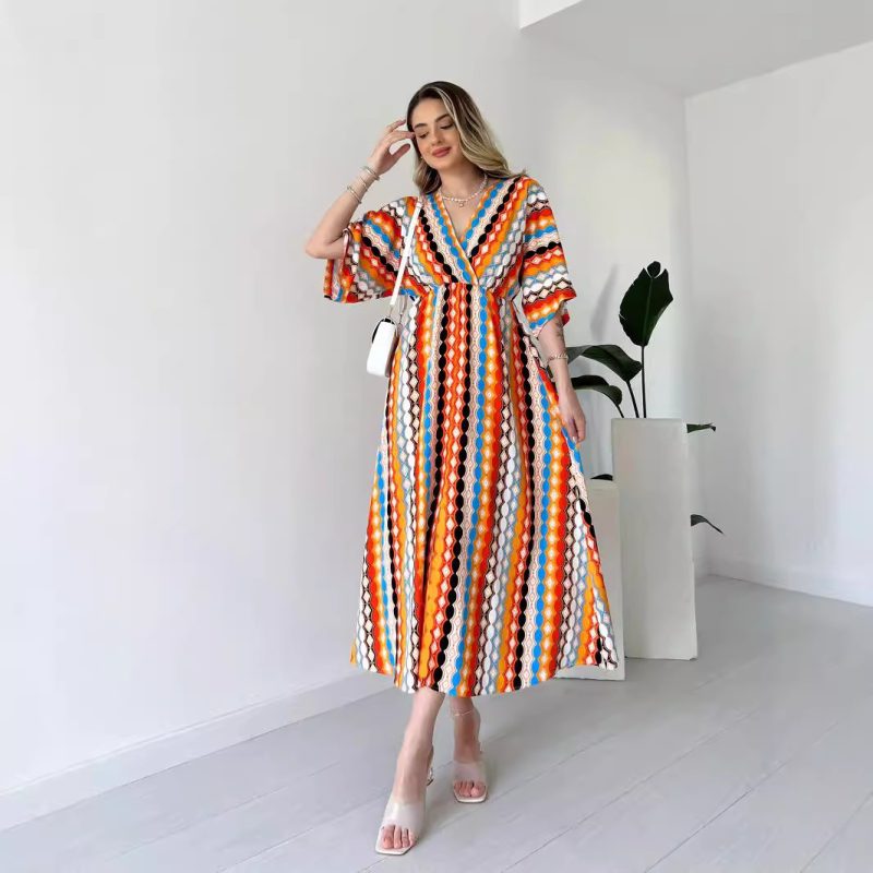 Women’s V-Neck Striped Print Vacation Dress - Image 2
