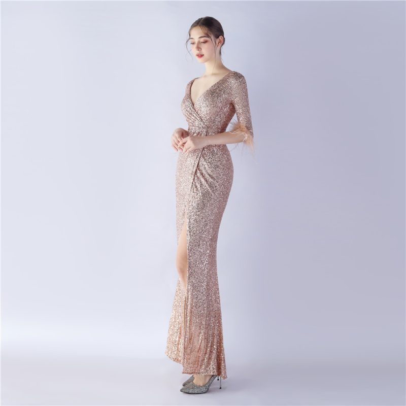 Women’s Ostrich Feather Sequined Long Sleeve Dress - Image 3
