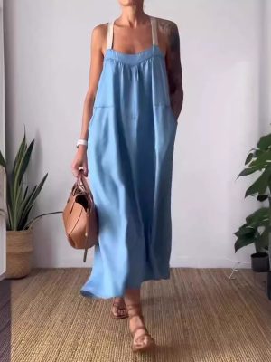 Women’s Casual Summer Cotton Linen Suspender Dress