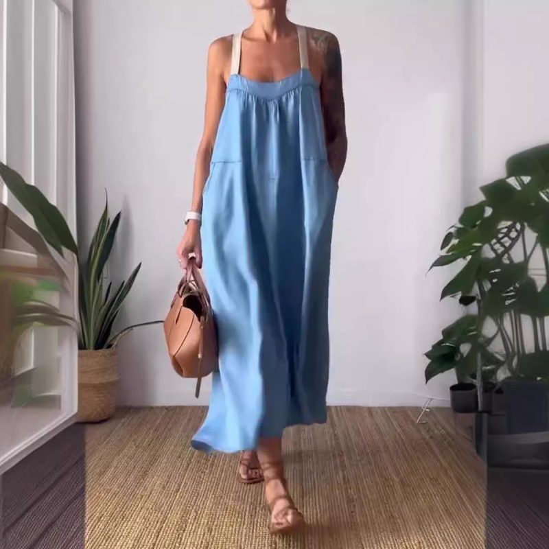 Women’s Casual Summer Cotton Linen Suspender Dress