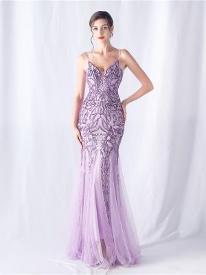 Women’s Floral Sequin Mesh High-End Evening Dress
