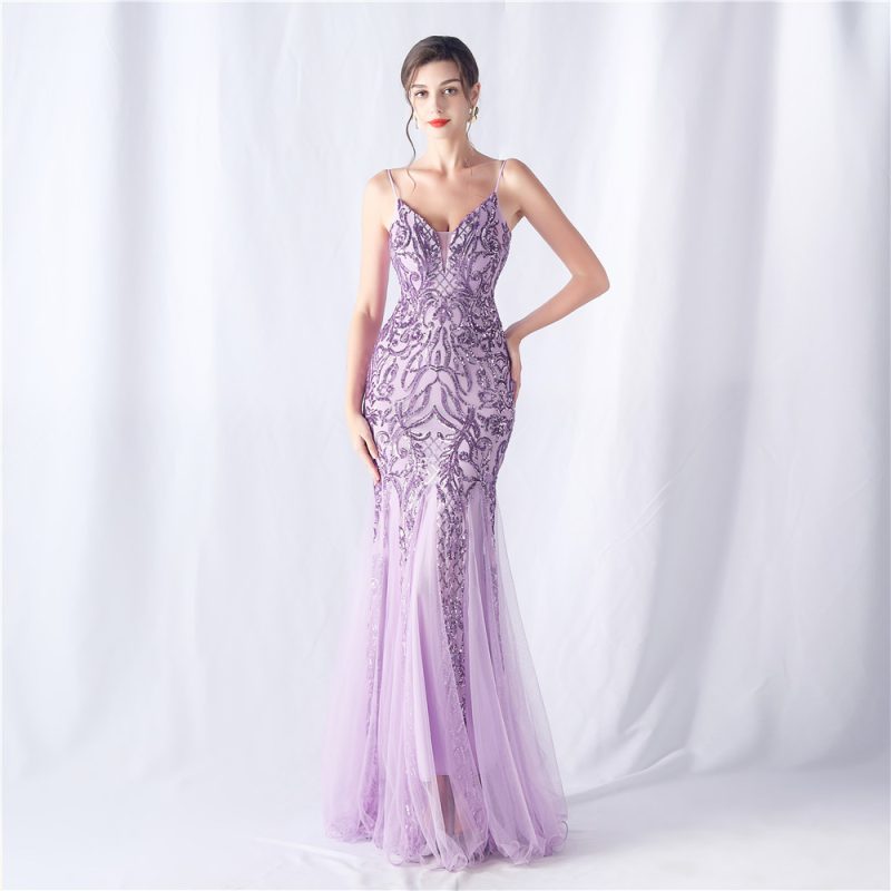 Women’s Floral Sequin Mesh High-End Evening Dress