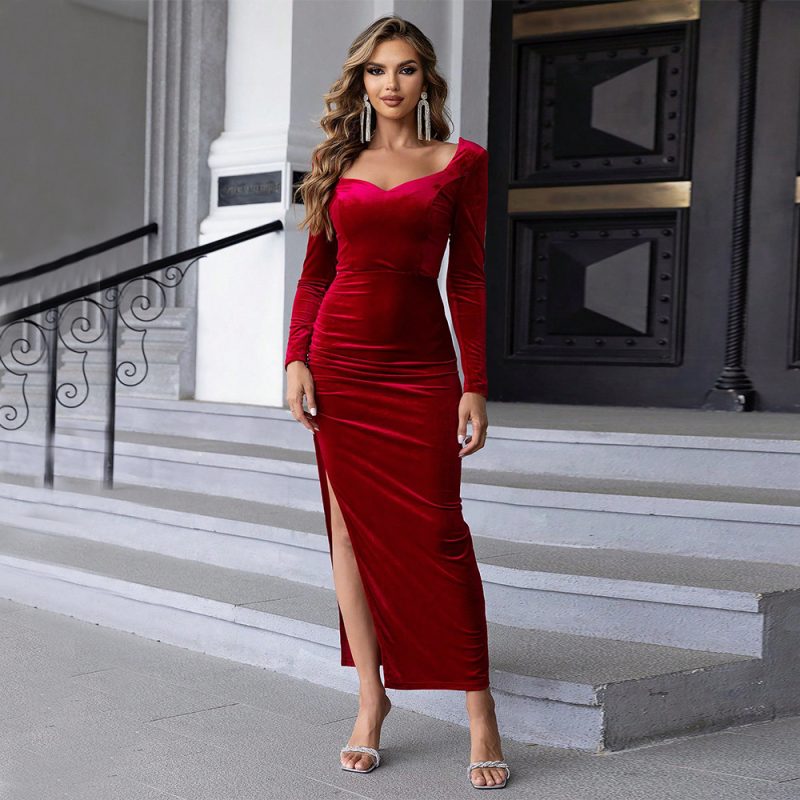 Women’s Autumn Winter Velvet Slim Fit Formal Dress - Image 4