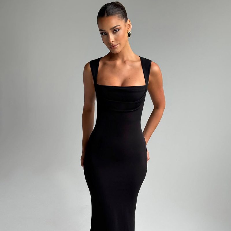 Spring Summer Square Collar Sleeveless Slim Dress - Image 4