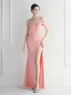 Elegant Off Shoulder Split Evening Wedding Dinner Dress