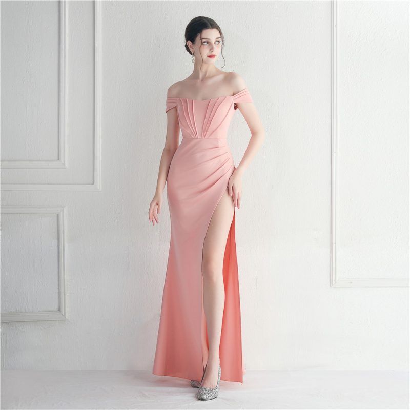 Elegant Off Shoulder Split Evening Wedding Dinner Dress