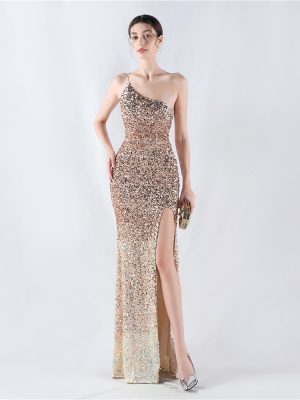 Velvet Gradient Sequin One-Shoulder High Slit Dress