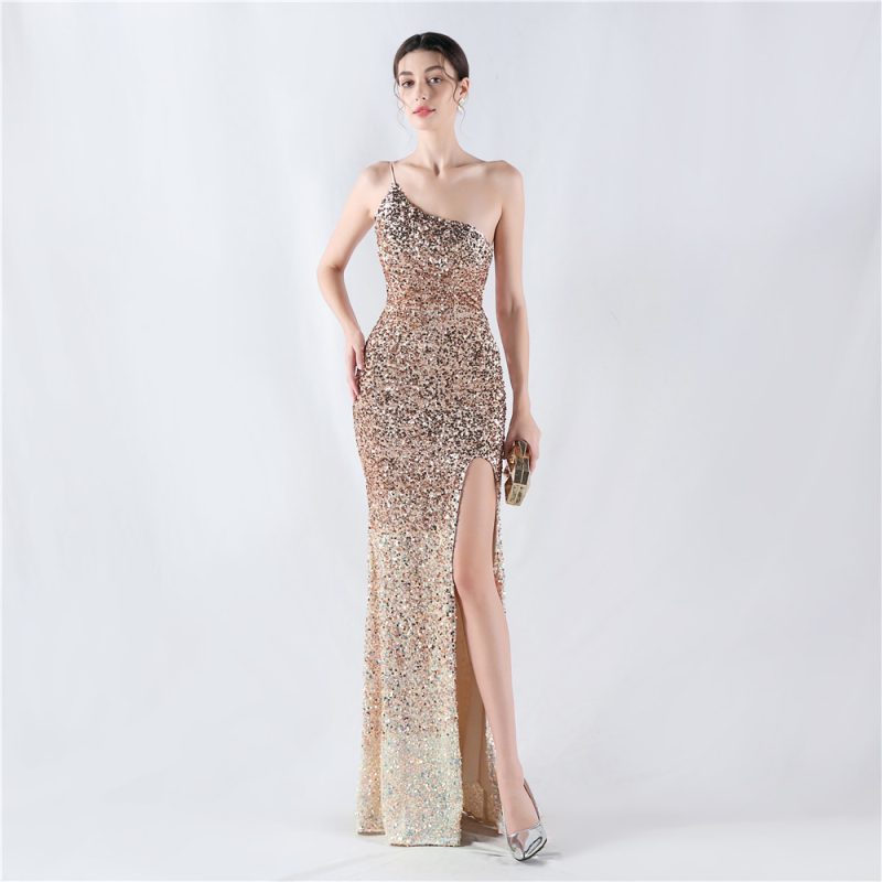 Velvet Gradient Sequin One-Shoulder High Slit Dress