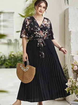 Plus Size V Neck Belted Chiffon Maxi