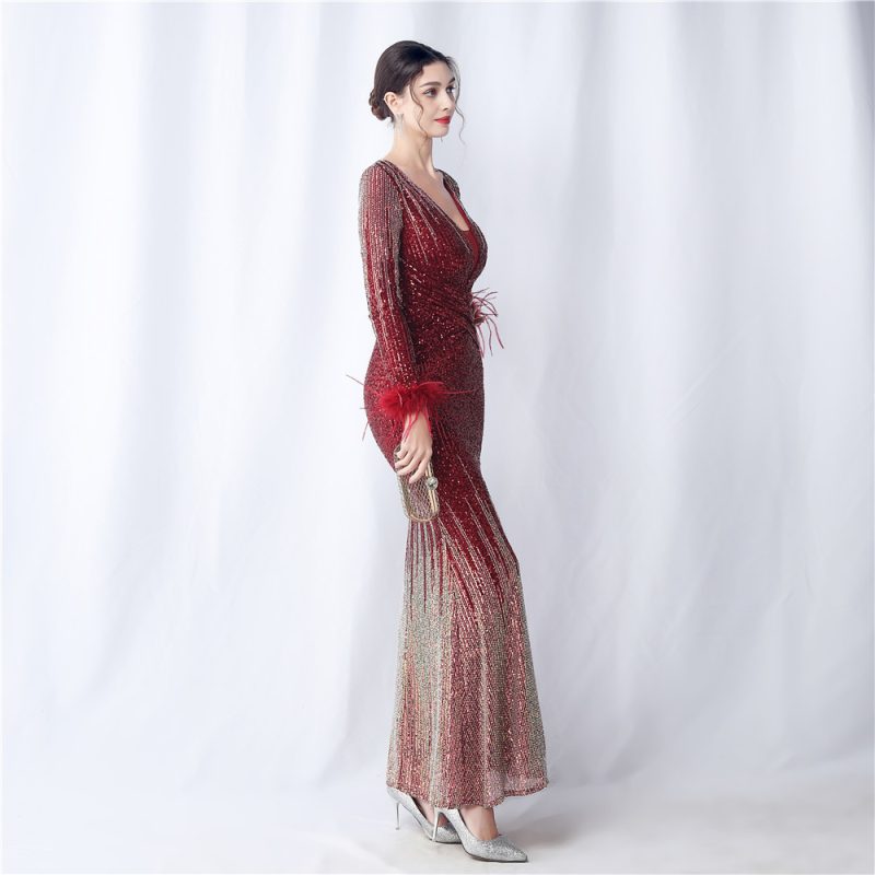 Ostrich Feather Gradient Sequin Long Sleeve Dress - Image 2