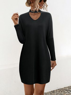 V-Neck Scarf Long Sleeve Loose Knit Dress