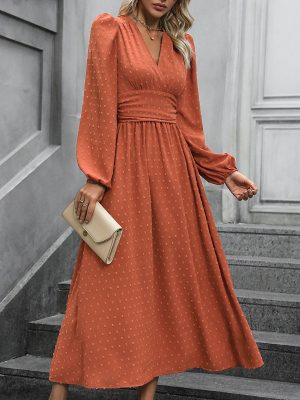 Autumn Solid Color Puff Sleeve Women’s Dress
