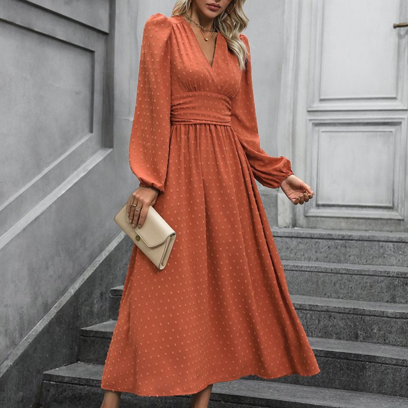 Autumn Solid Color Puff Sleeve Women’s Dress