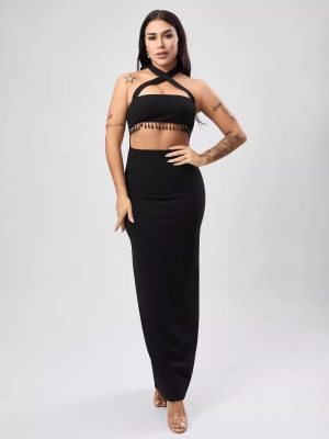 Black Textured Women’s A-Line Party Dress