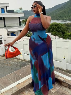 Printed Pleated Mesh Colorblock Sleeveless Midi Dress