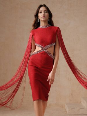 Red Hollow Out Tassel Slim Party Dress