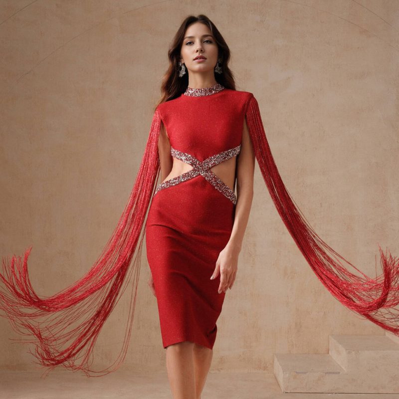 Red Hollow Out Tassel Slim Party Dress