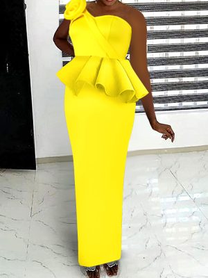 Yellow Ruffled One Shoulder Two-Piece Slim Dress