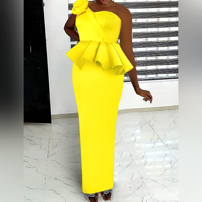 Yellow Ruffled One Shoulder Two-Piece Slim Dress