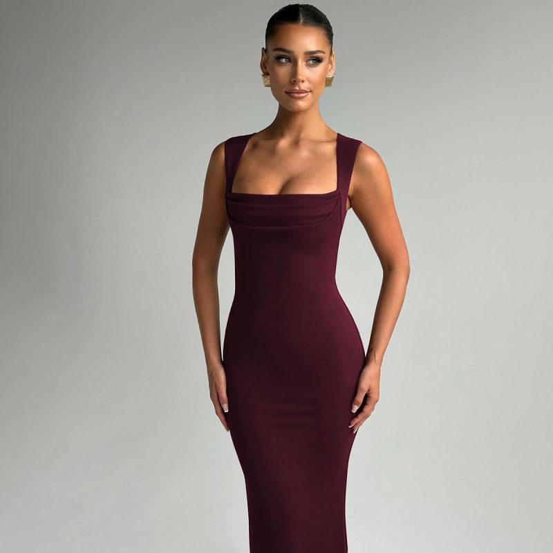 Spring Summer Square Collar Sleeveless Slim Dress - Image 2