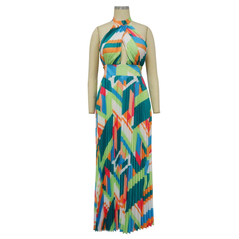 Halter Backless Pleated Printed Sleeveless Swing Dress - Image 4