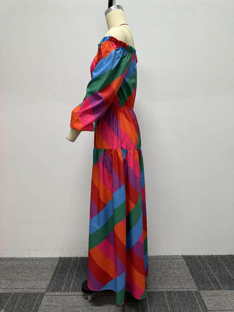 Printed Off-Shoulder Color Block Waist Slim Dress - Image 4