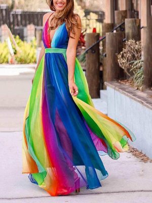 Spring Summer Deep V Rainbow Chiffon Sling Dress