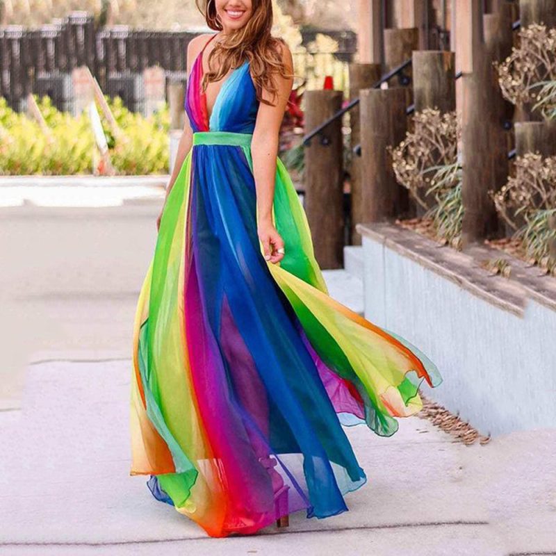 Spring Summer Deep V Rainbow Chiffon Sling Dress